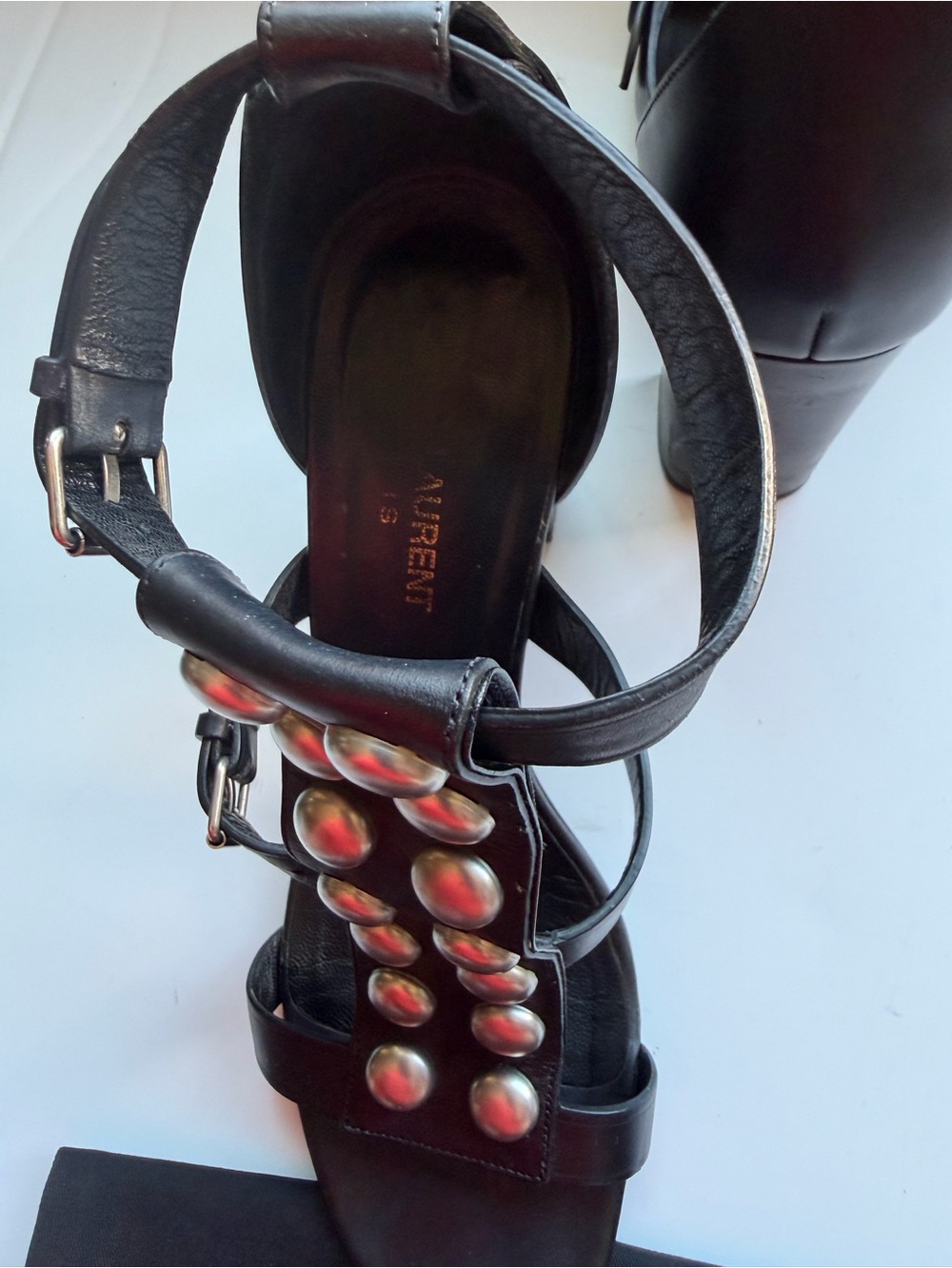 Saint Laurent Black Leather Studded Gladiator T-Strap Heels size 37.5 - Picture 6 of 8